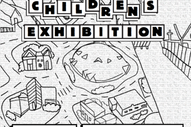 Black-and-white flyer for the Annual Children's Exhibition, showing a town scene. Event runs May 4&ndash;23. Reception: May 21, 5&ndash;7 PM. Design by Lana Mac.